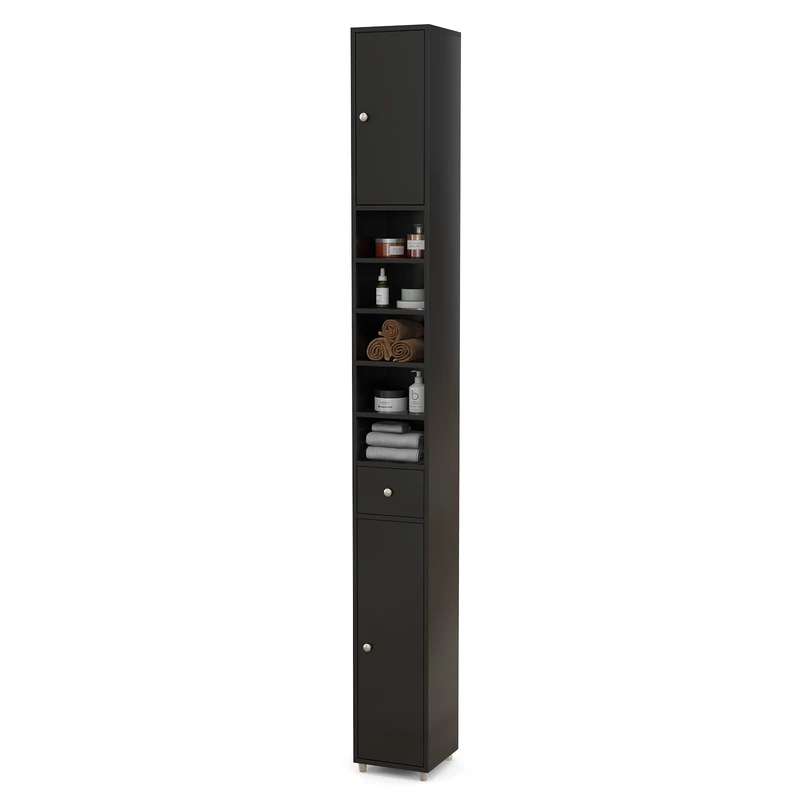 RELAX4LIFE Tall Bathroom Cabinet, Free Standing Storage Cupboard with 1 Drawer, 2 Cabinets & 5 Adjustable Open Shelves, MDF Slim Organiser Unit for Bathroom Living Room Kitchen (Black)