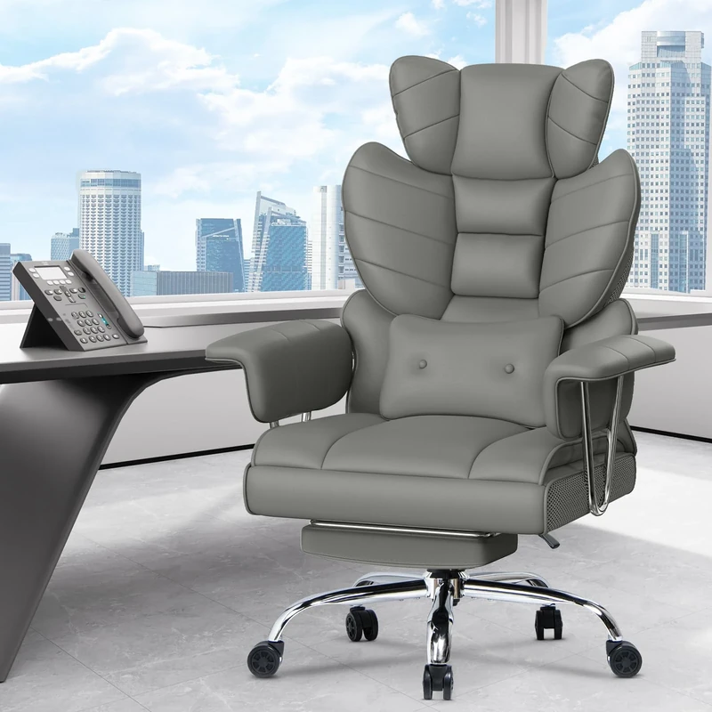 naspaluro High Back PU Leather Ergonomic Computer Recliner, Big Tall Executive Desk Office Chair with Armrests/Footrest, Comfy Heavy Duty Swivel Study Chairs, Adjustable Home Office Gray Work Chair