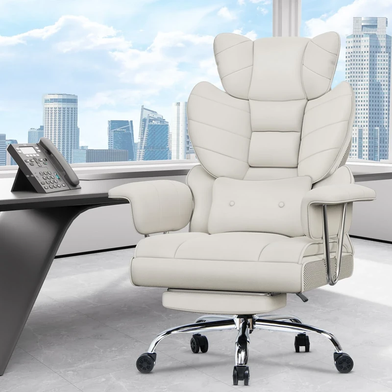 naspaluro High Back PU Leather Ergonomic Computer Recliner, Big Tall Executive Desk Office Chair with Armrests/Footrest, Comfy Heavy Duty Swivel Study Chairs, Adjustable Home Office White Work Chair