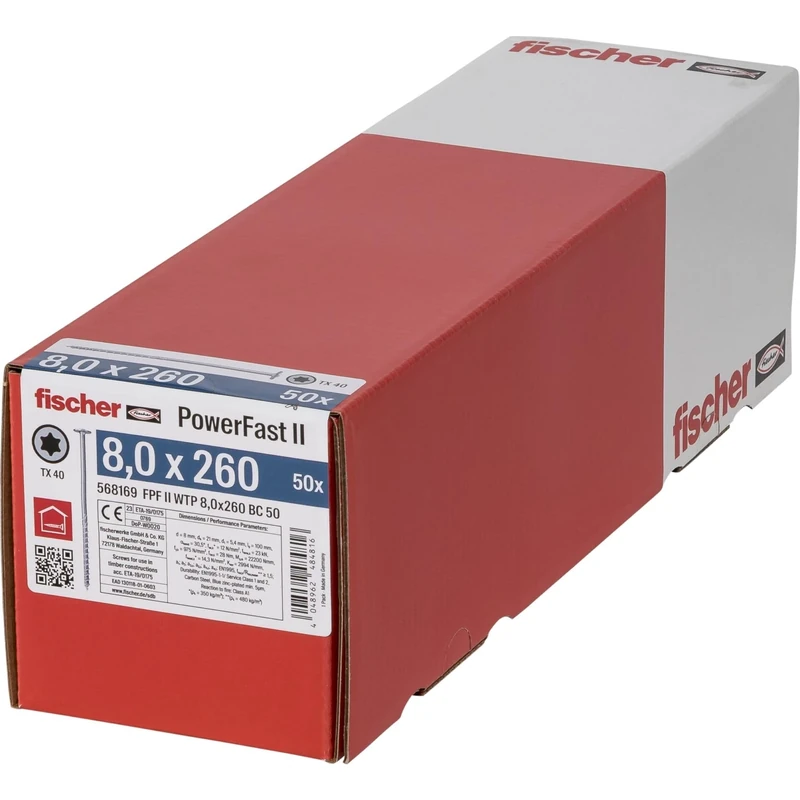 fischer PowerFast II WTP 8.0 x 260, Powerful Wood Screws with Flat Head, Inner Star Receptacle and Partial Thread, for Structural Wood Construction, Pack of 50