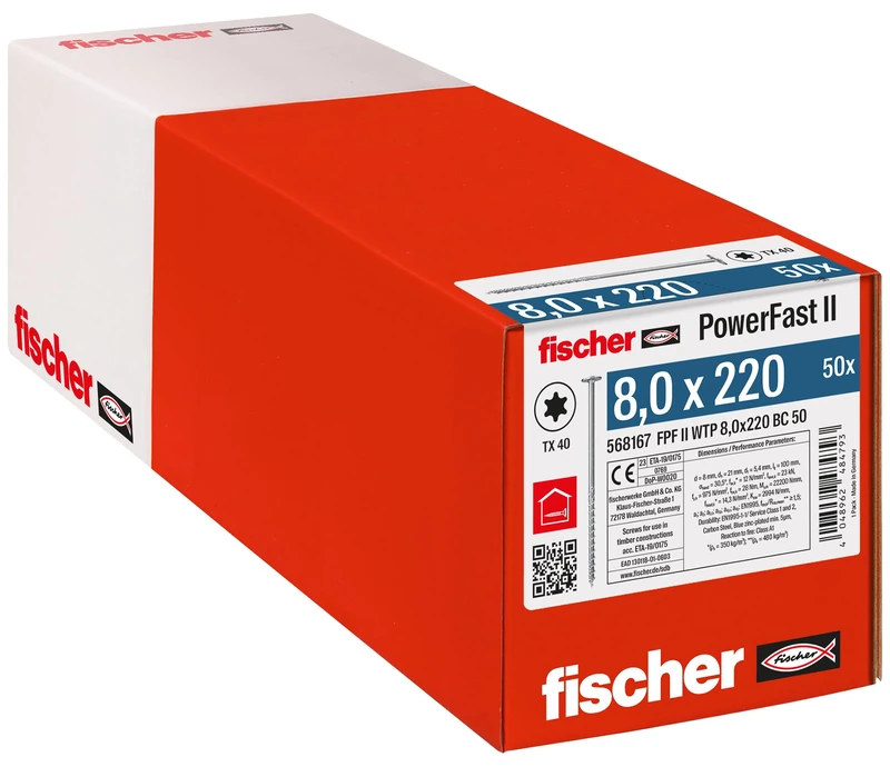 fischer PowerFast II WTP 8.0 x 220, Powerful Wood Screws with Flat Head, Inner Star Receptacle and Partial Thread, for Structural Wood Construction, Pack of 50