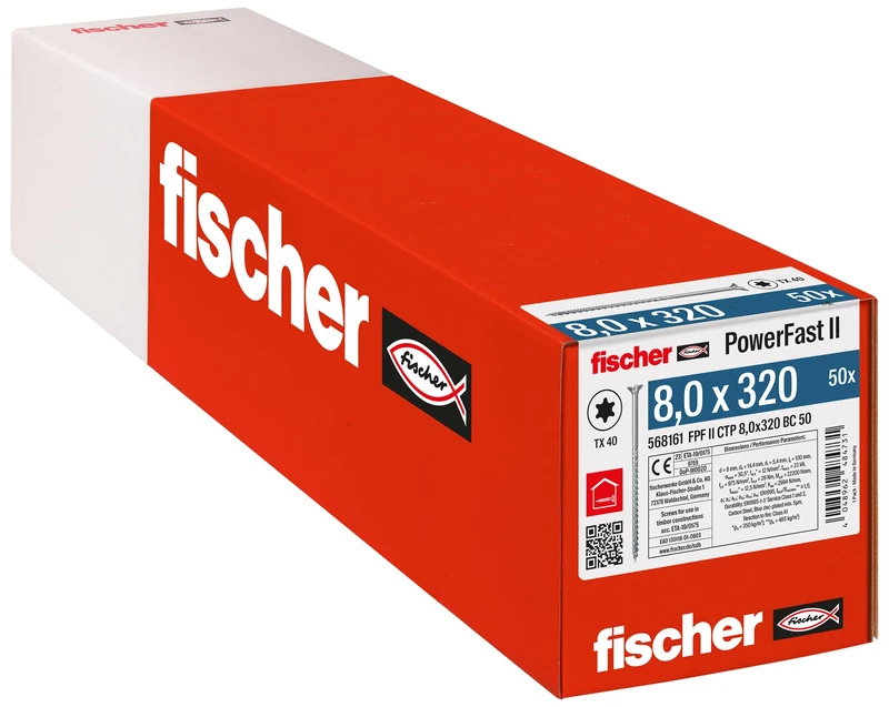 fischer PowerFast II CTP 8.0 x 320, powerful wood screws with countersunk head, inner star receptacle and partial thread, for constructive timber construction, pack of 50