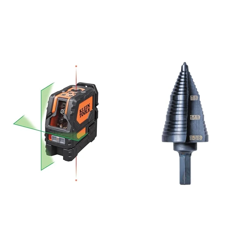 Klein Tools 93LCLG Laser Level, Self Leveling, Hi-Viz Green Cross Line Level with Red Plumb Spot & KTSB15 Step Drill Bit #15 Double Fluted 7/8 to 1-3/8-Inch with Easy-to-Read Step Marking