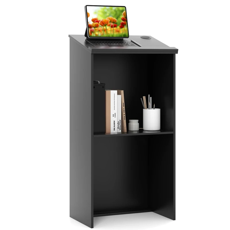CASART Lectern Podium Stand, 117cm Hostess Stand Floor Standing Lectern with Tilting Desktop & Edge Stopper, Wooden Presentation Stand for Classroom Office Church Concert (Black) - Image 1
