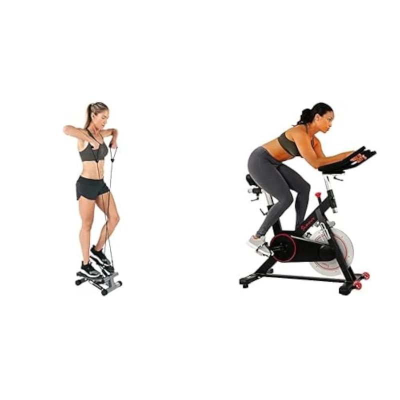 Sunny Health & Fitness Mini Stepper Machine with Resistance Bands, Air Climber Stepping Fitness Machine for Home Workout+ Indoor Cycling Wheel with Magnetic Belt Drive,Adjustable Saddle & Handlebar