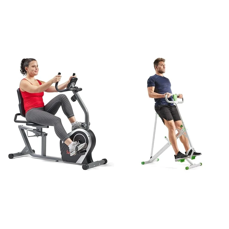 Sunny Health & Fitness Exercise Bikes, Magnetic Recumbent Bike + Row-N-Ride Squat Assist Trainer for Glutes & Full Body Cardio Workout with Adjustable Resistance