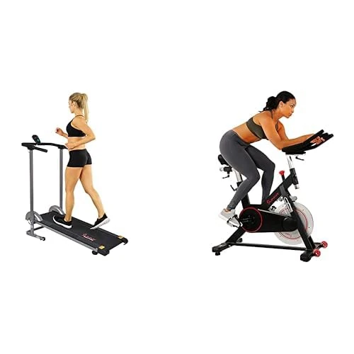 Sunny Health and Fitness Indoor Cycling Wheel W/Magnetic Belt Drive, 136kg Max Weight + Foldable Manual Treadmill, Compact Cardio Fitness, Durable Non-Electric Incline Exercise