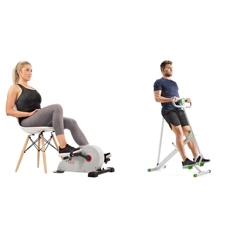 Sunny Health & Fitness Magnetic Under Desk Pedal Exerciser, Dual Function Mini Exercise Cycle Bike + Row-N-Ride Squat Assist Trainer for Glutes & Full Body Cardio Workout with Adjustable Resistance