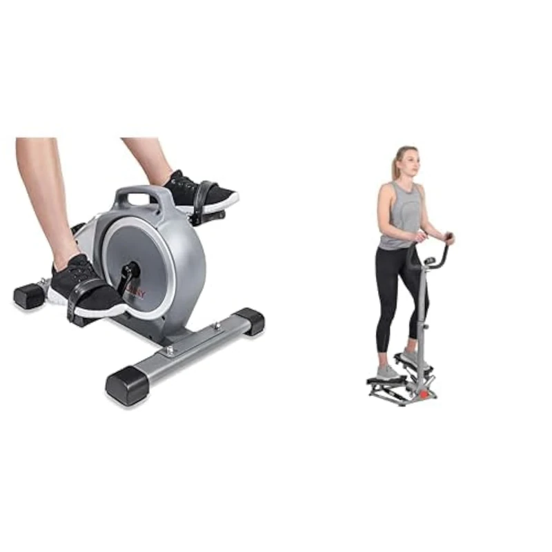 Sunny Health & Fitness Magnetic Under Desk Mini Exercise Cycle Bike, Dual Function Pedal Exerciser SF-B020026 and Twister Stepper Machine, Height Adjustable Stepper - SF-S020027