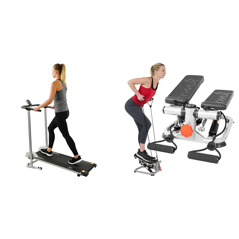 Sunny Health & Fitness Advanced Mini Home Steppers with Resistance Bands - SF-S0978 + Foldable Manual Treadmill, Durable Non-Electric Incline Exercise
