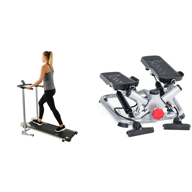 Sunny Health & Fitness Advanced Twist Stepper Machine with Resistance Bands - SF-S0979 + Foldable Manual Treadmill, Durable Non-Electric Incline Exercise