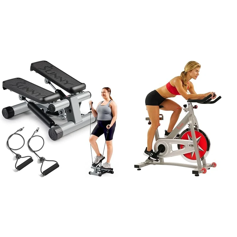 Sunny Health & Fitness Mini Stepper Machine, Stair Stepper Exercise Equipment with Resistance Bands for Home Workout + Indoor Studio Cycle Pro Exercise Bike with 18 KG Flywheel and Chain Drive
