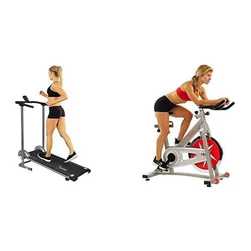 Sunny Health and Fitness Indoor Studio Cycle Pro Exercise Bike with 18 KG Flywheel + Foldable Manual Treadmill, Compact Cardio Fitness, Durable Non-Electric Incline Exercise