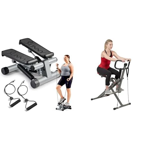 Sunny Health & Fitness Mini Stepper Machine with Resistance Bands, Air Climber Stepping Fitness Machine for Home Workout+Row-N-Ride™ PRO Squat Assist Trainer, Rowing Machine