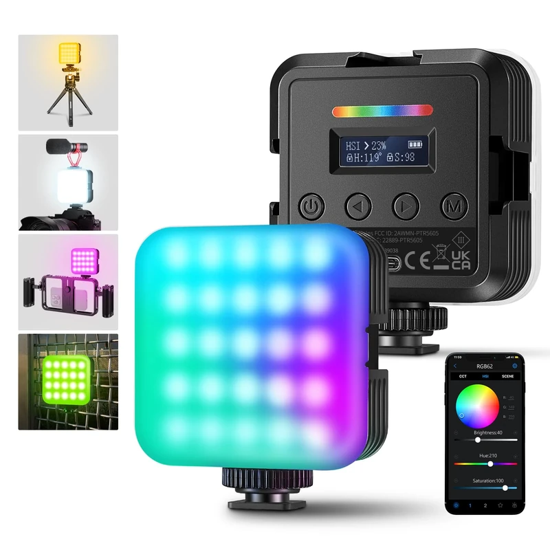 NEEWER RGB62 Magnetic RGB Video Light with APP Control, 2 Pack 360° Full Color LED Camera Light with 3 Cold Shoes CRI97+ 2500K-8500K 17 Scenes 2000mAh Rechargeable Portable Photography Selfie Lighting