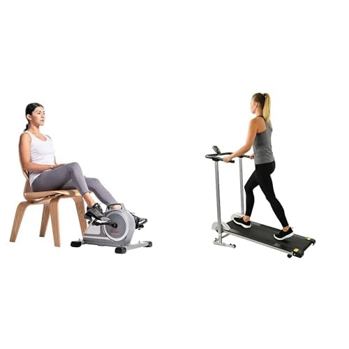 Sunny Health & Fitness Magnetic Under Desk Mini Exercise Cycle Bike, Dual Function Pedal Exerciser SF-B020026 and Foldable Treadmill, Manual Compact Mini Treadmill SF-T1407M