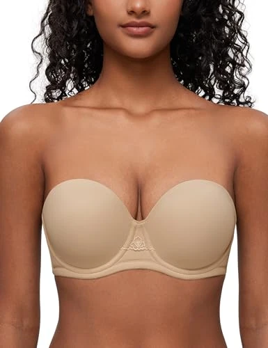 Deyllo Women's Strapless Bra Padded Cup Push Up Plus Size Full Coverage Underwire Support