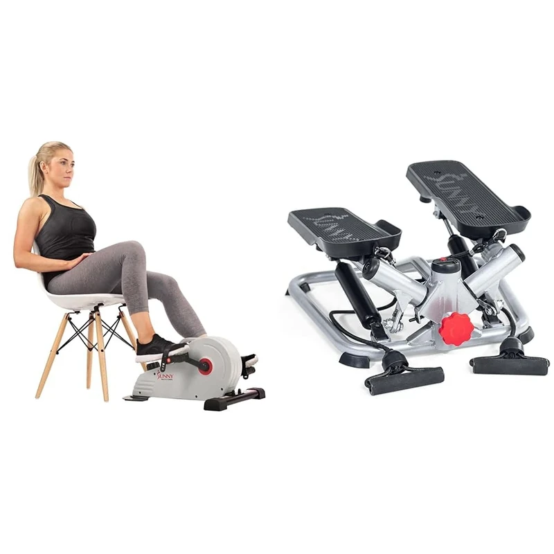Sunny Health and Fitness Magnetic Under Desk Pedal Exerciser, Dual Function Mini Exercise Cycle Bike SF-B0891 and Advanced Twist Stepper Machine - SF-S0979, Grey