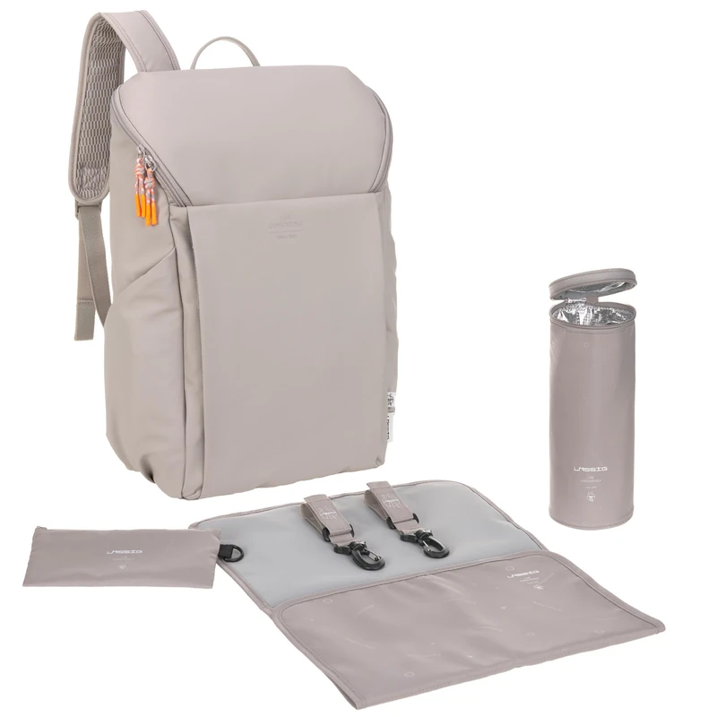 LÄSSIG Baby Changing Backpack with Changing Mat, Pram Attachment and Bottle Holder/GRE Slender Up Backpack Taupe