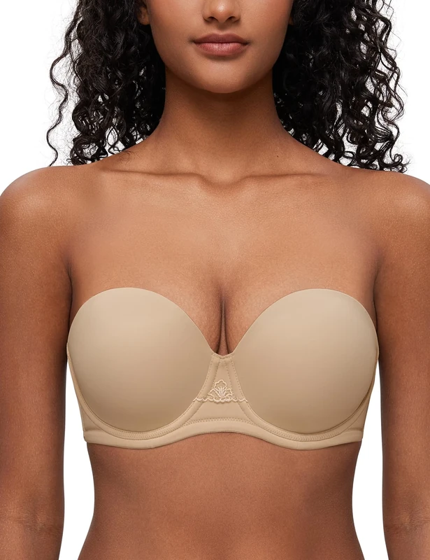 Deyllo Women's Strapless Bra Padded Cup Push Up Plus Size Full Coverage Underwire Support(Nude,44D)