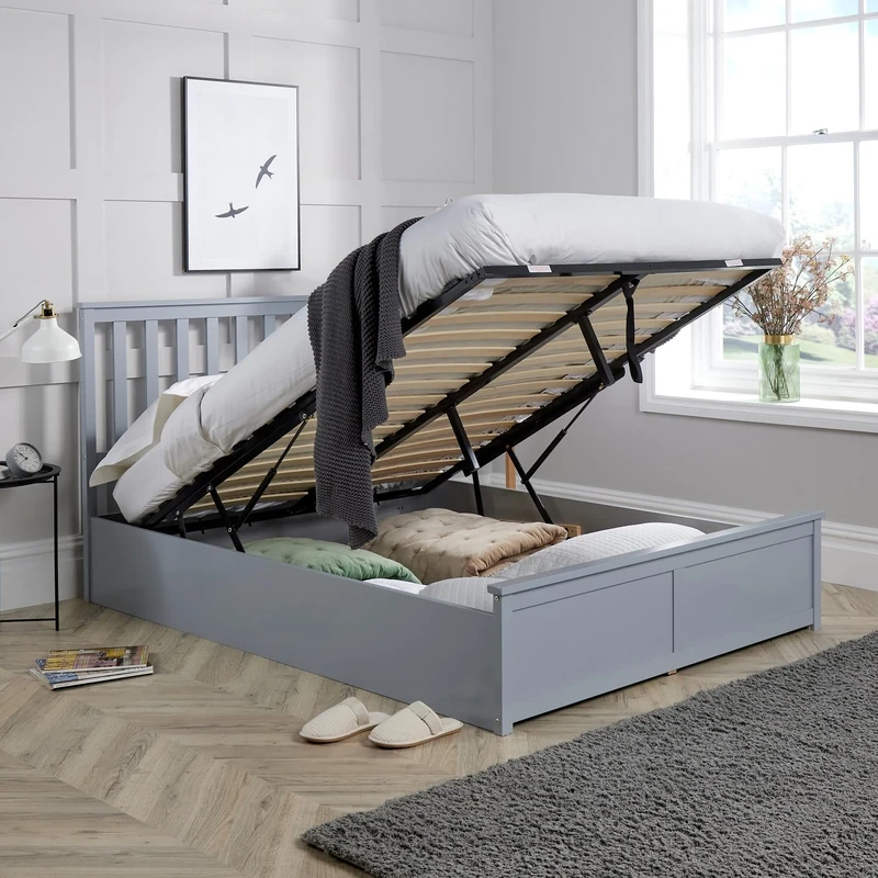 Home Source Ottoman Double Size Pine End Lift Storage Bed, Gas Lift, Grey