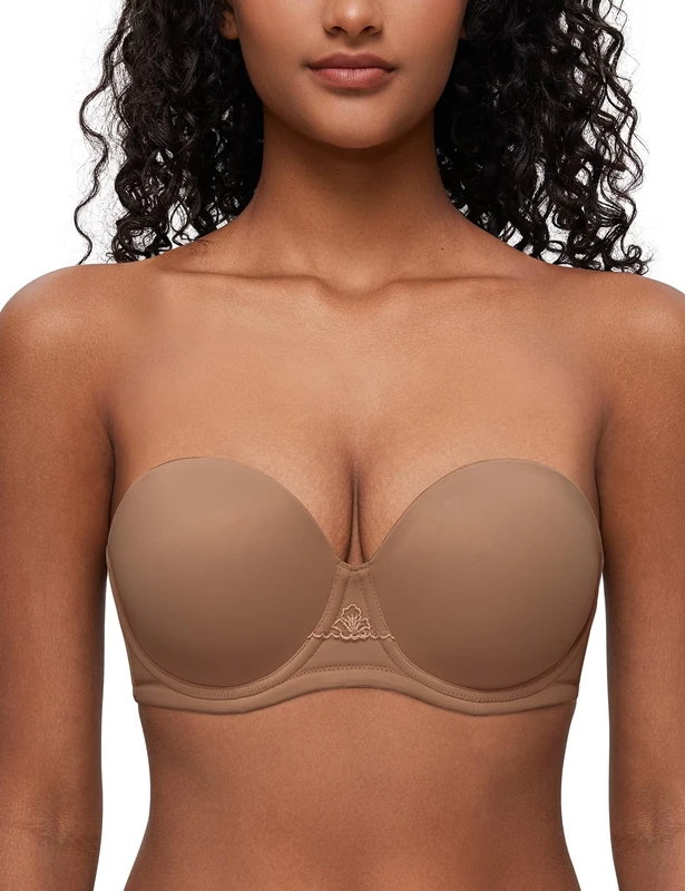 Deyllo Women's Strapless Bra Padded Cup Push Up Plus Size Full Coverage Underwire Support(Milky Coffee,44D)
