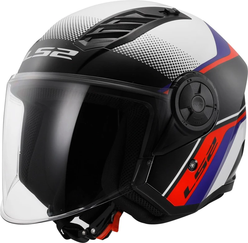 Open Faced Motorcycle Helmet. LS2 Airflow II ECE 22.06 - RUSH GLOSS BLACK WHITE BLUE RED - Image 1