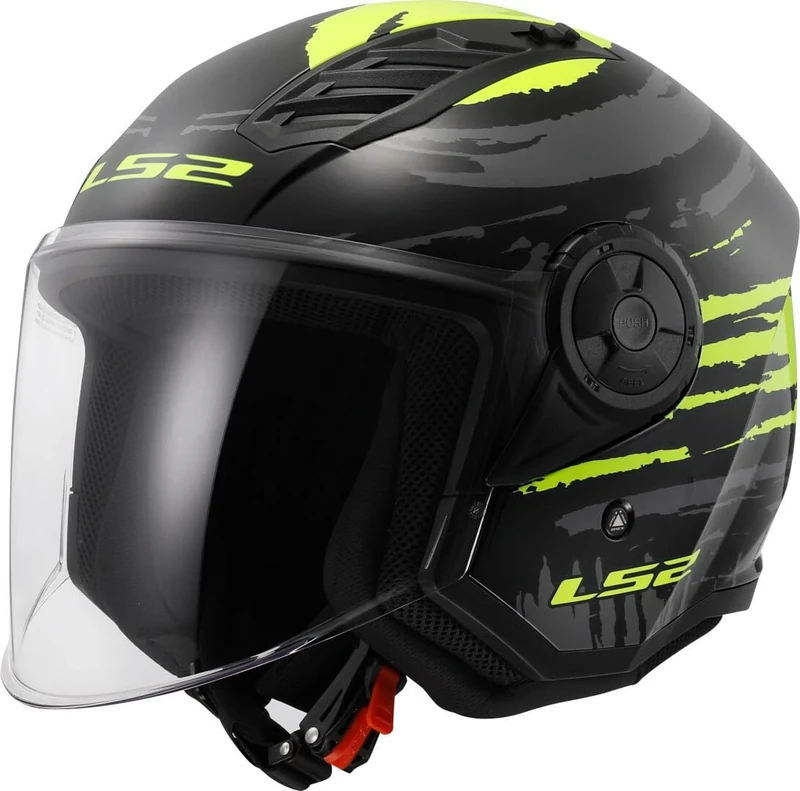Open Faced Motorcycle Helmet. LS2 Airflow II ECE 22.06 - BRUSH BLACK H-V YELLOW