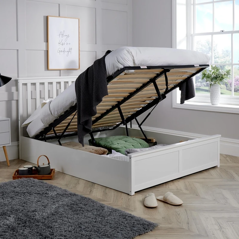 Home Source Ottoman King Size Pine End Lift Storage Bed, Gas Lift, White
