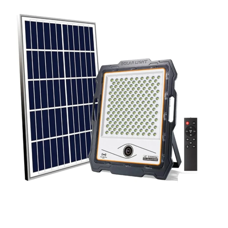 M Ledme - Jeff 300W Solar LED Floodlight with Camera Cold Light (6000k), Motion Sensor/Twilight Sensor, 1080P, IP67 Waterproof, 2900lm, Remote Control with App, for Patio, Garden, Road.