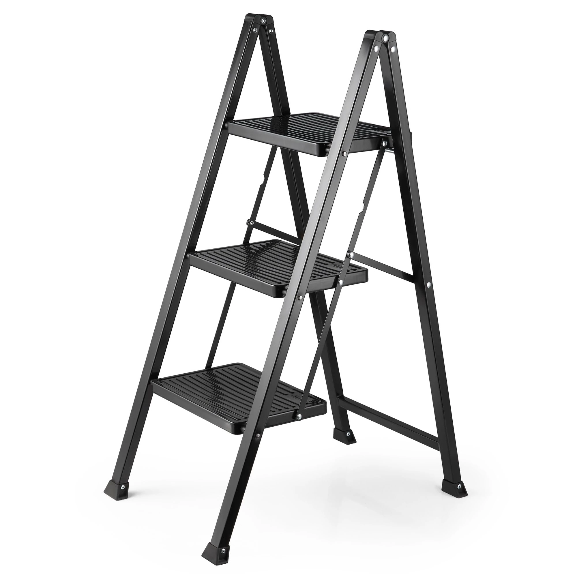 VonHaus Slim 3 Step Ladder with Anti Slip Steps and Feet - Black Lightweight Folding Stepladder - 150KG Max Capacity, Easy to Store - Ideal for Home/Kitchen/Garage Household Ladder