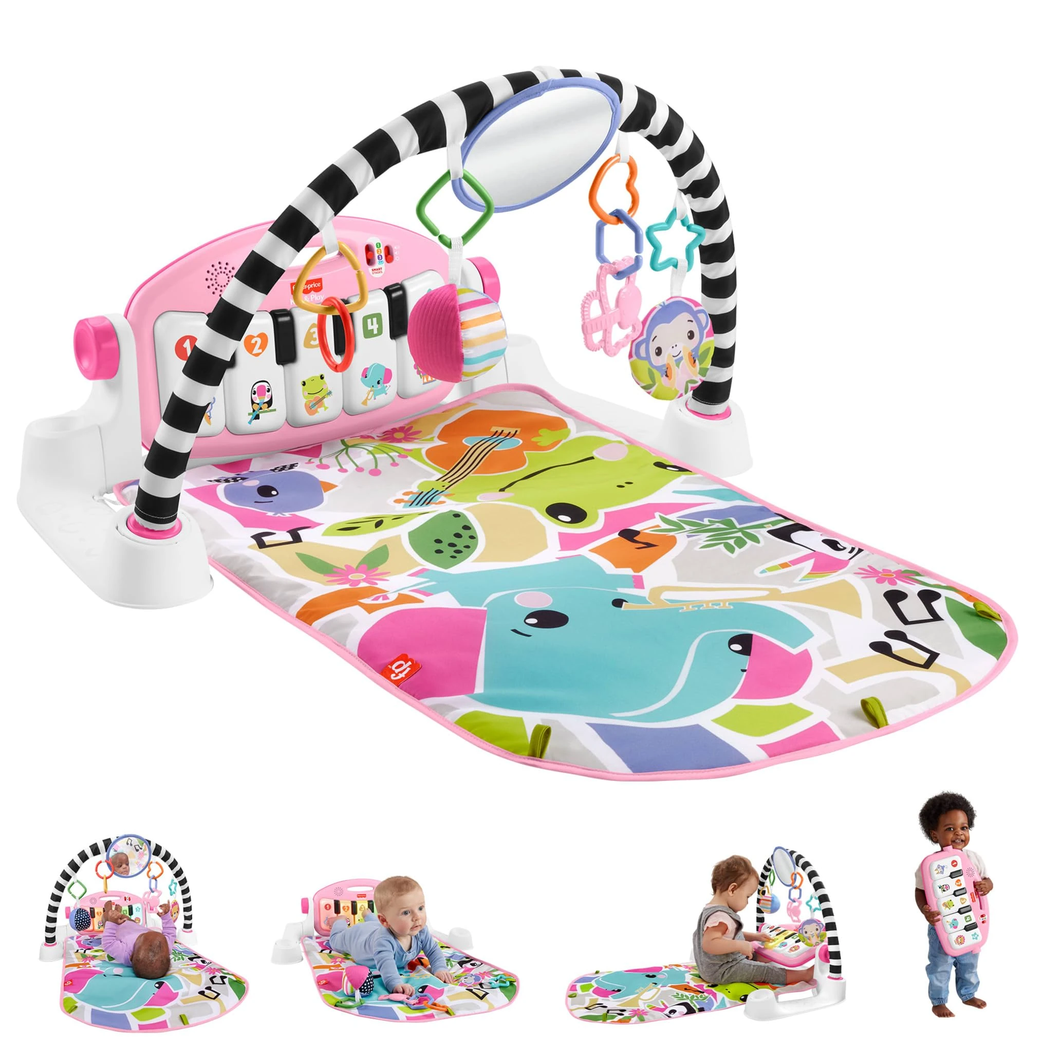 Fisher-Price Baby Activity Mat Glow and Grow Kick & Play Piano Gym, Portable Musical Toy with Smart Stages Learning, Ages 0+ Months, Pink, Queens English Version, HYH63