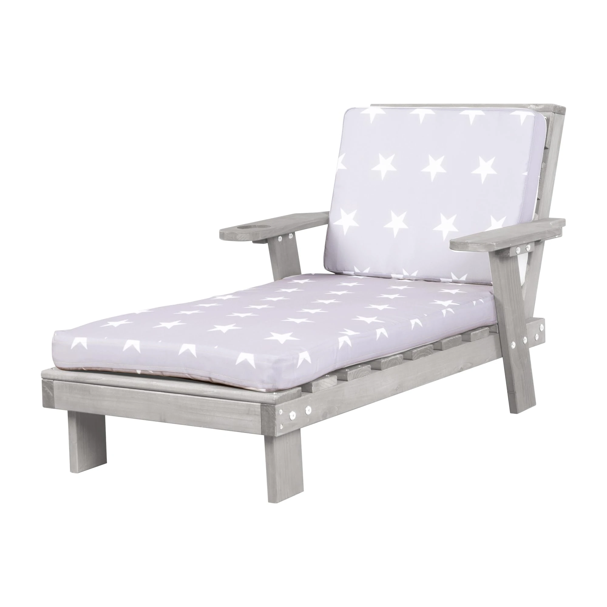 roba Garden Lounger for Children - Wooden Sun Lounger with Cup Holder - Suitable for Toddlers from 18 Months - Includes Cushion in Little Stars Design - Gray