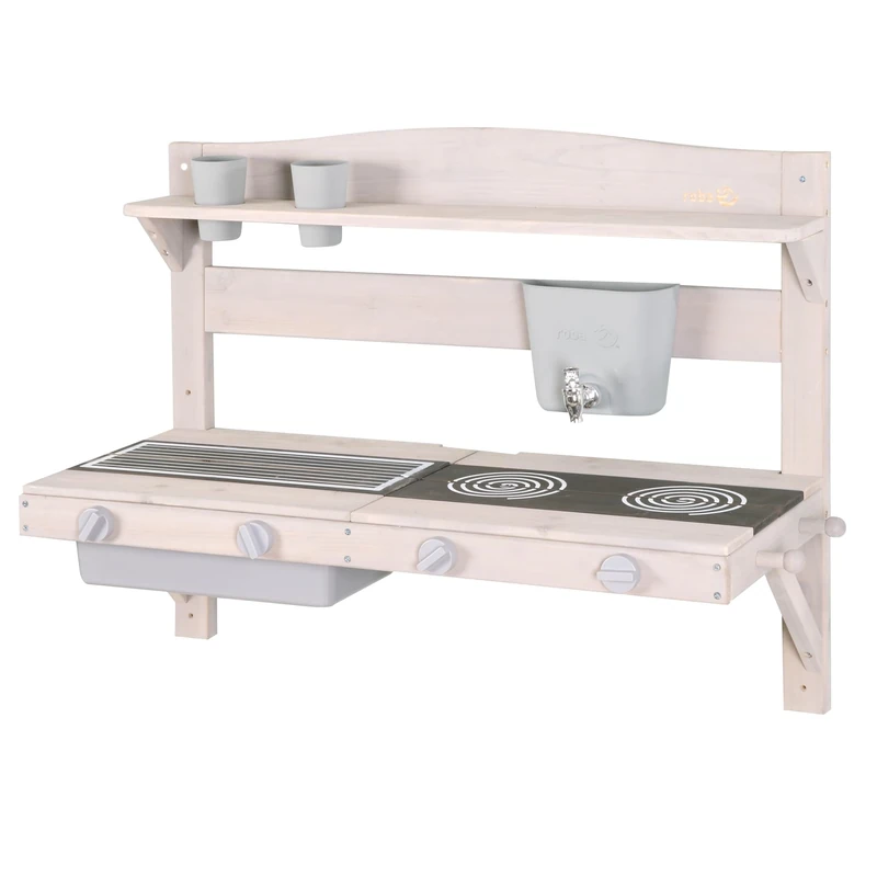 roba Hanging Mud Kitchen for Children - Functional Wooden Outdoor Play Kitchen with Water Dispenser & Accessories - FSC Certified Wood - Gray Stained