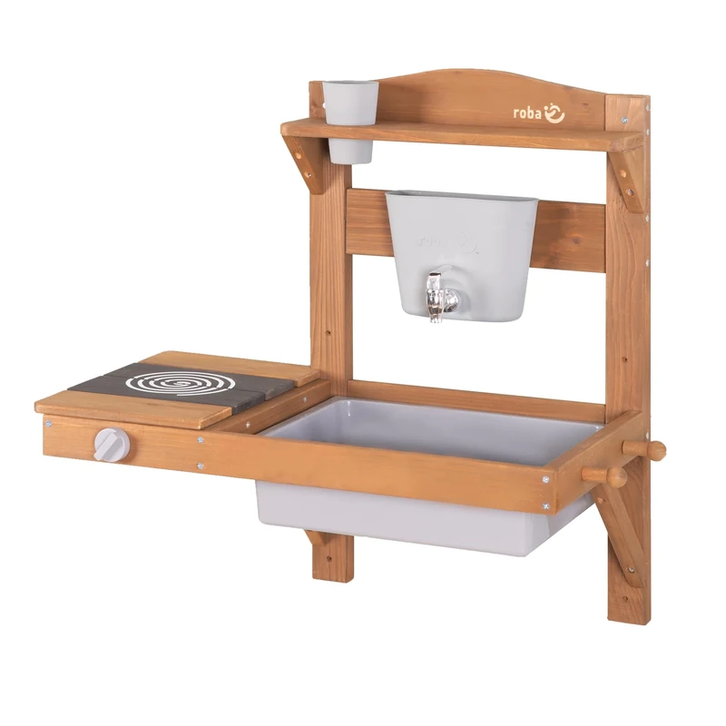 roba Children's Hanging Mud Kitchen - Functional Wooden Outdoor Play Kitchen with Water Dispenser & Accessories - FSC Certified Wood - Natural Look