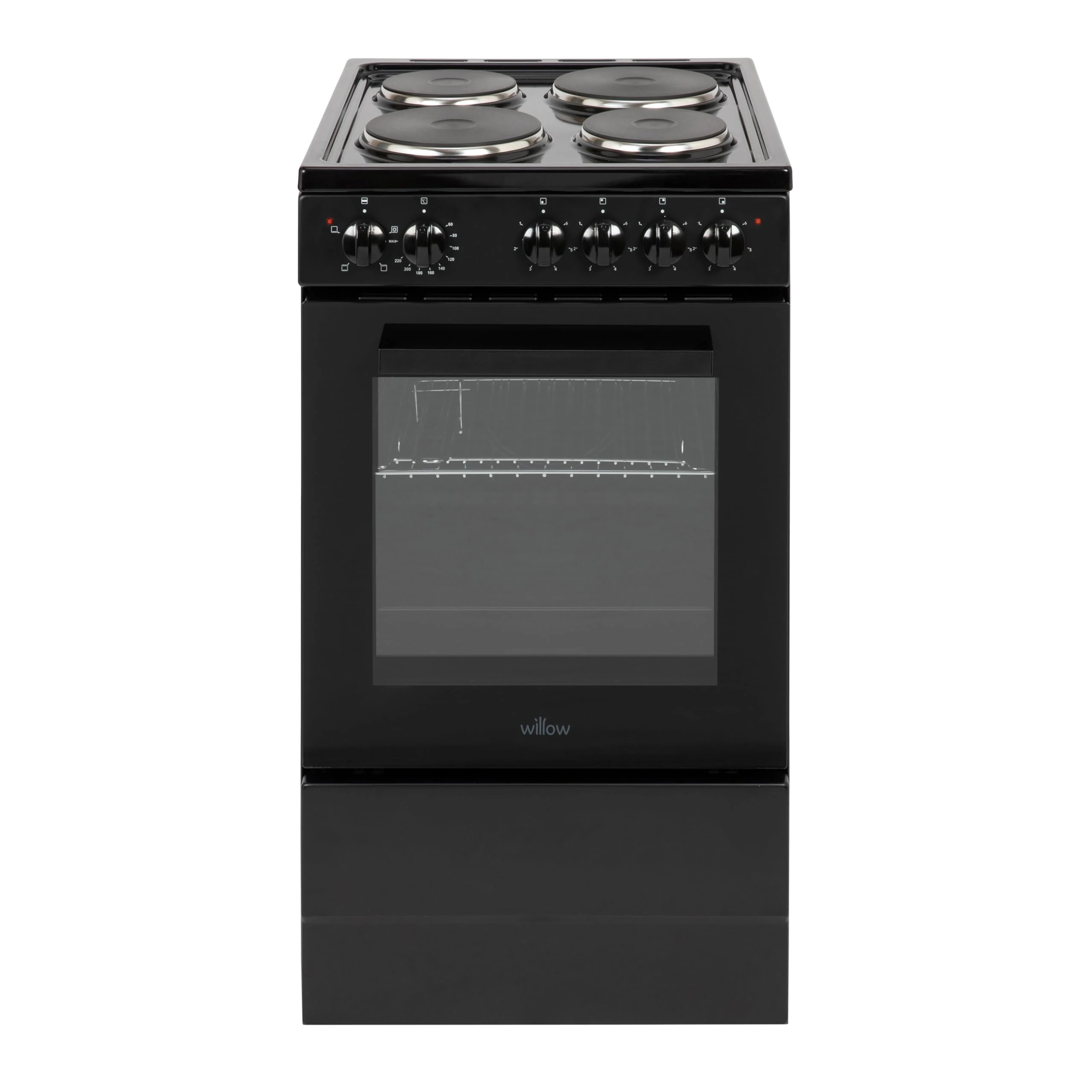Willow WE50SSB 62L Freestanding Electric Cooker, 50cm Wide Single Cavity Cooker with Solid 4 Zone Plate Hob, 2 Year Warranty - Black