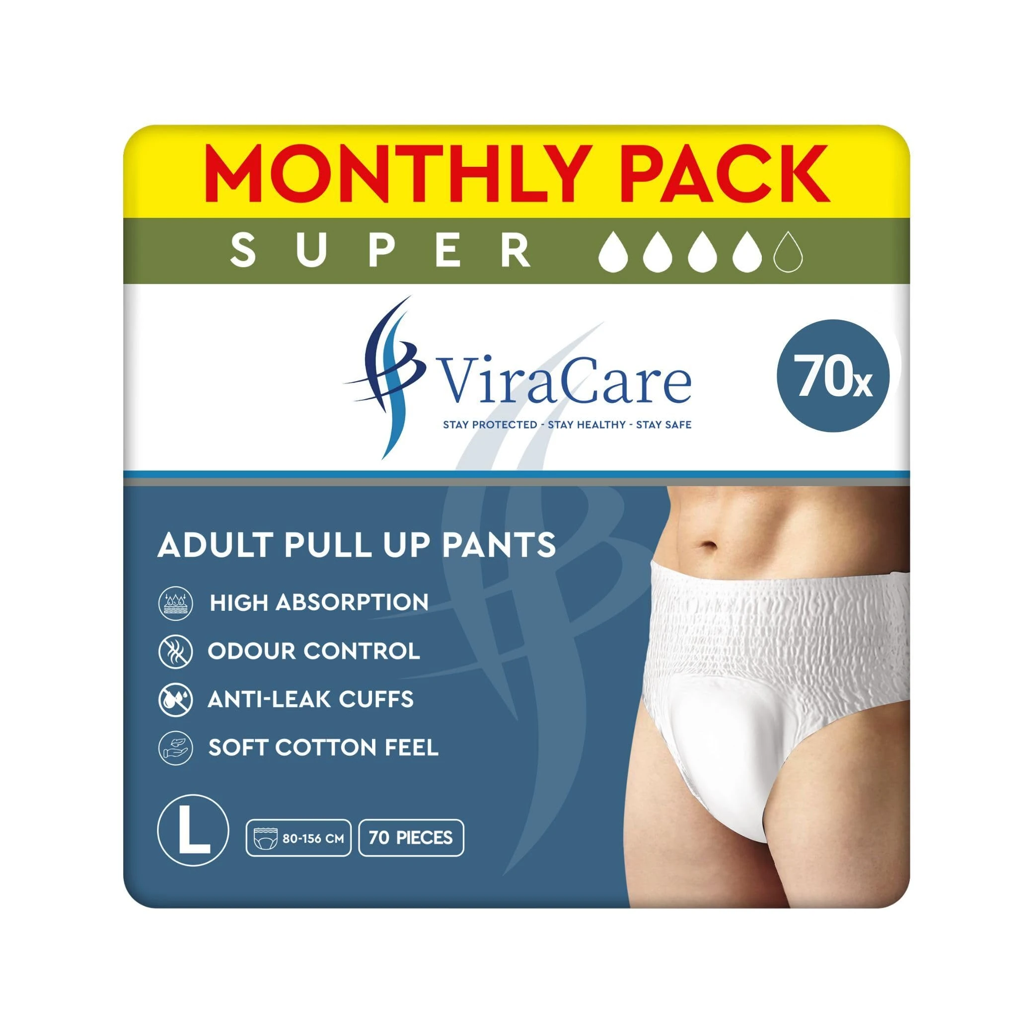 70 x Super Adult Nappies, Maximum Absorbency and Overnight Protection, Nappies for Men and Women, Incontinence Pants, Size Large, Waist Size 80-156 cm (Large)