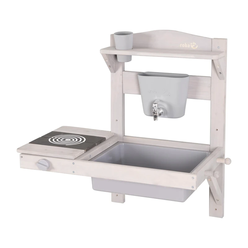 roba Children's Hanging Mud Kitchen - Functional Outdoor Play Kitchen with Water Dispenser & Accessories - Weatherproof Wood - Gray Stained