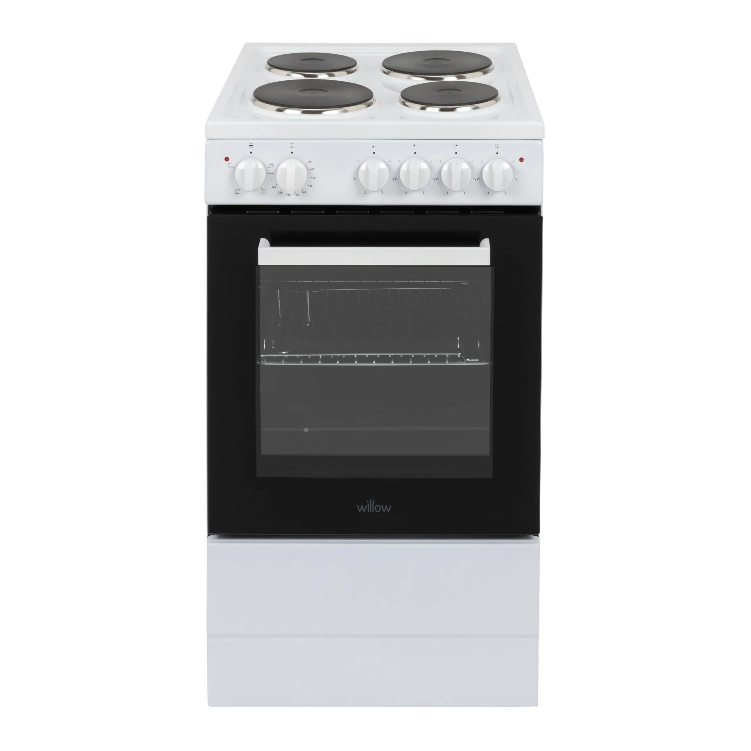Willow WE50SSW 62L Freestanding Electric Cooker, 50cm Wide Single Cavity Cooker with Solid 4 Zone Plate Hob - White