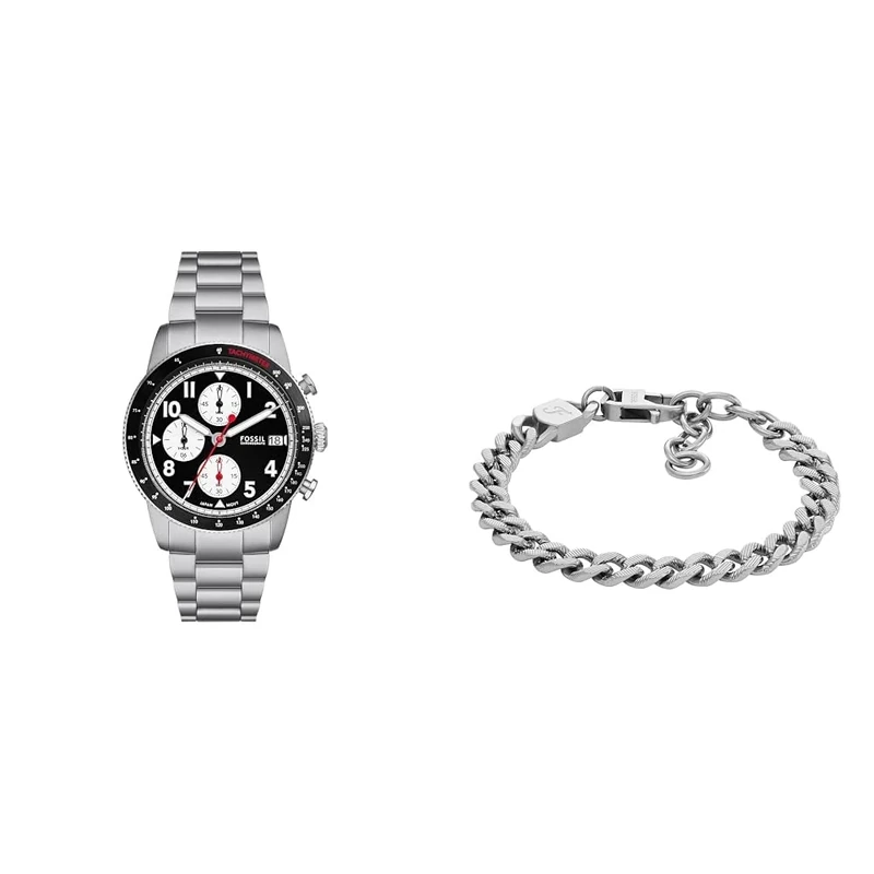 FOSSIL Men's Watch Sport Tourer and Bracelet Harlow, Silver Stainless Steel, Set