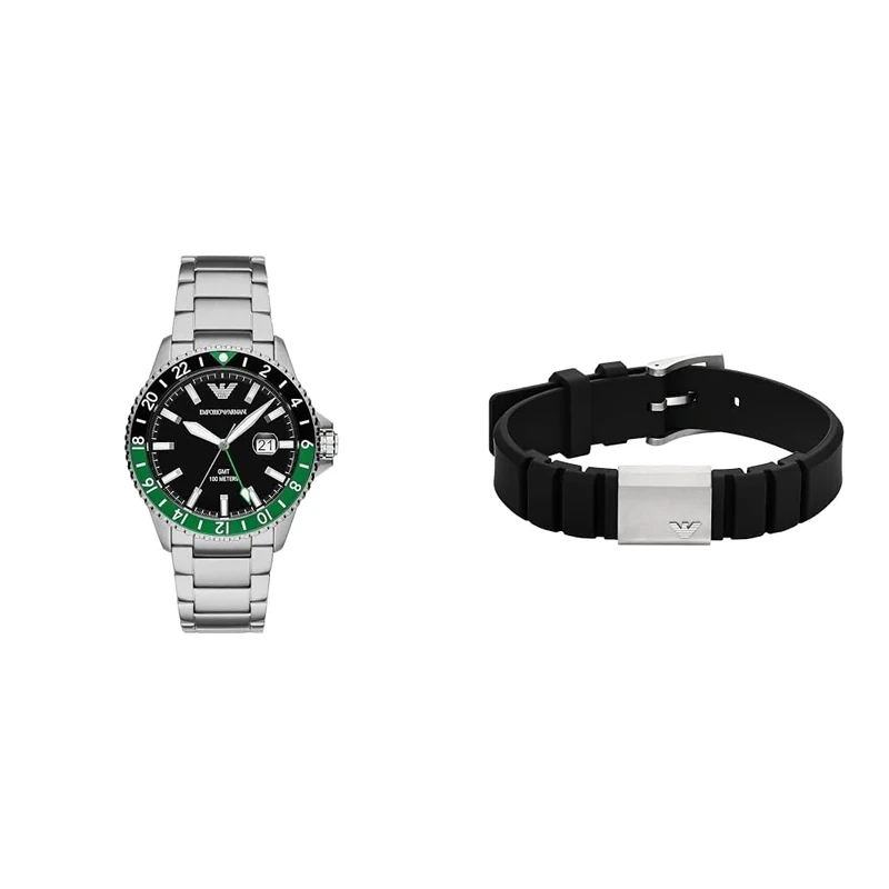 EMPORIO ARMANI Men's Watch Silver Stainless Steel and Bracelet Silicone Black, Set