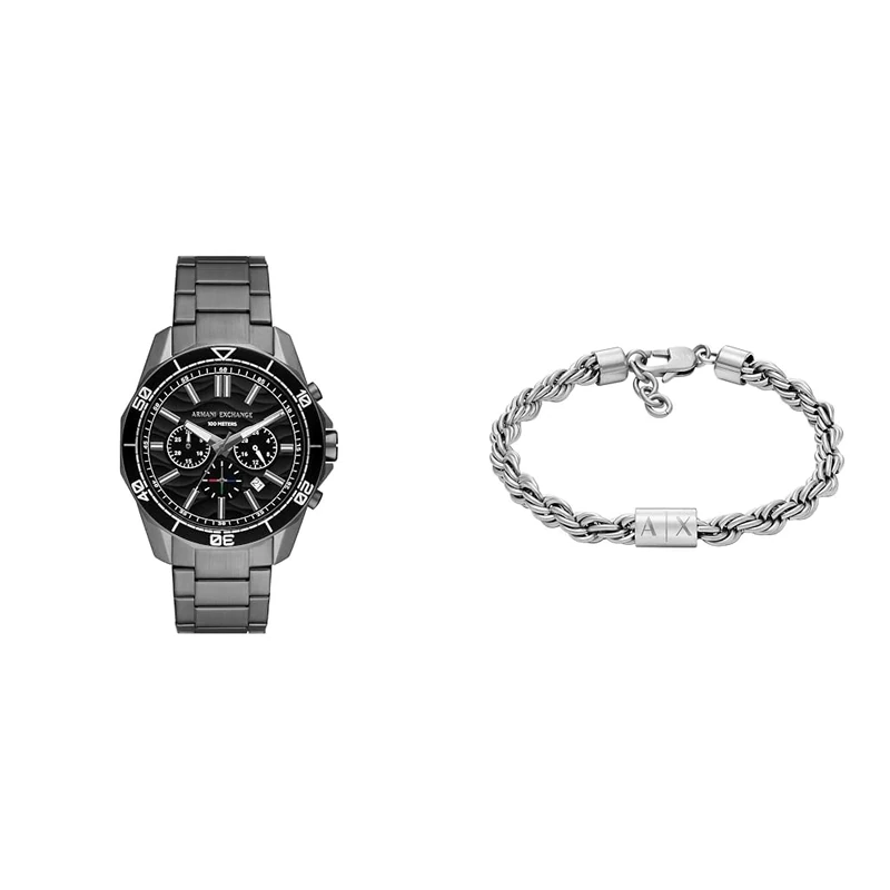 ARMANI EXCHANGE Men's Watch Grey and Bracelet Silver, Stainless Steel, Set