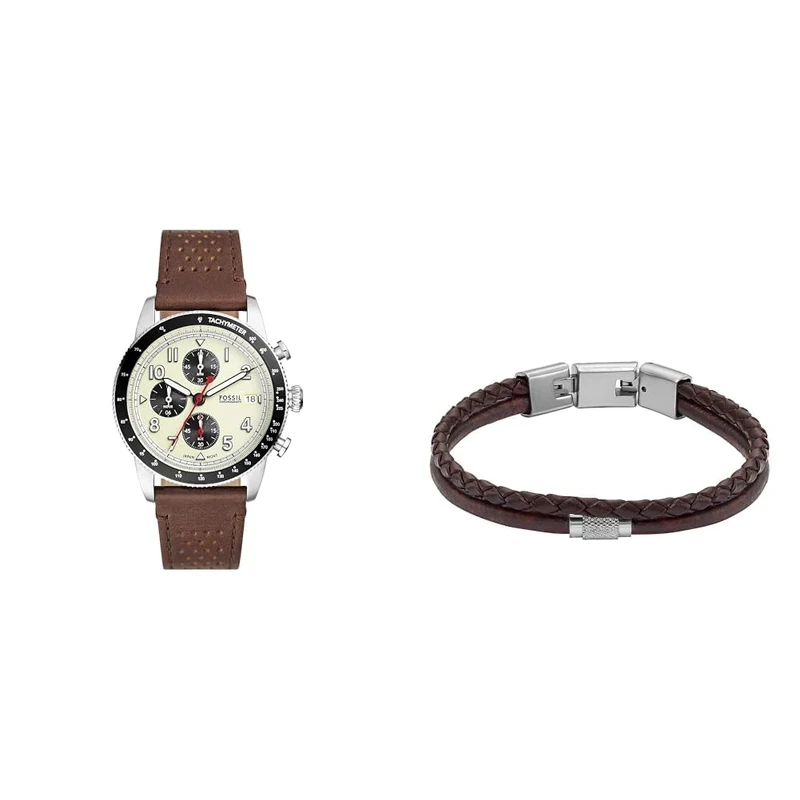 FOSSIL Men's Watch Sport Tourer and Bracelet Jewelry, Brown Leather, Set