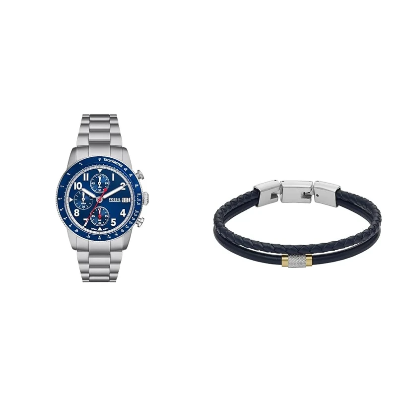 FOSSIL Men's Watch Sport Tourer Silver Stainless Steel and Bracelet Jewelry Blue Leather, Set