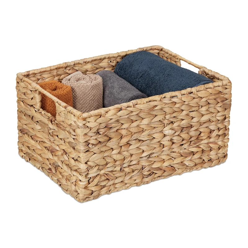 Relaxdays Storage Basket, for Bathroom, Living Room & Bedroom, Organiser, Woven Utensil Boxes, Water Hyacinth, Natural, Iron, 19 x 28 x 37 cm - Image 1