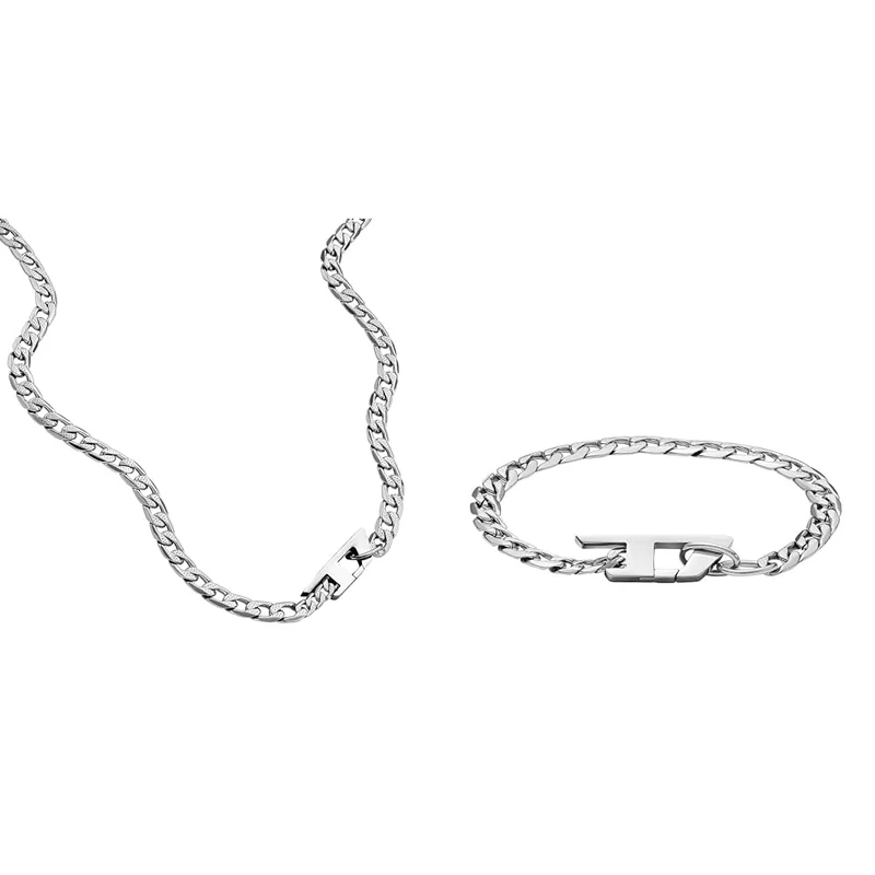DIESEL Men's Necklace and Bracelet Steel, Silver Stainless Steel, Set