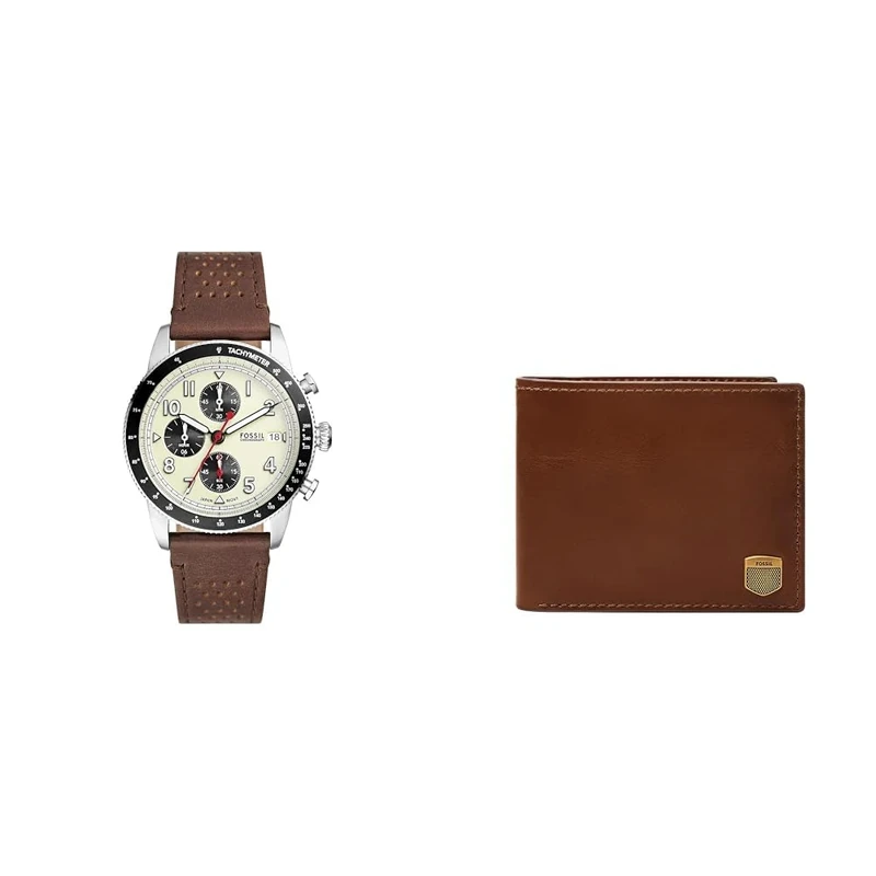 FOSSIL Men's Watch Sport Tourer and Wallet Hayes, Brown Leather, Set