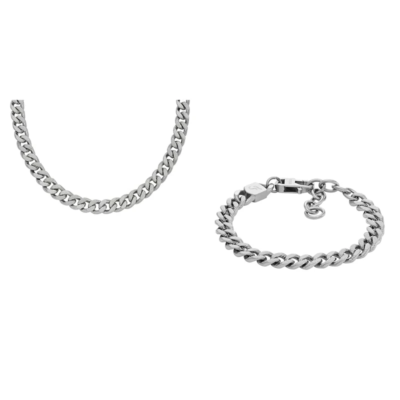 FOSSIL Men's Necklace and Bracelet Harlow, Silver Stainless Steel, Set