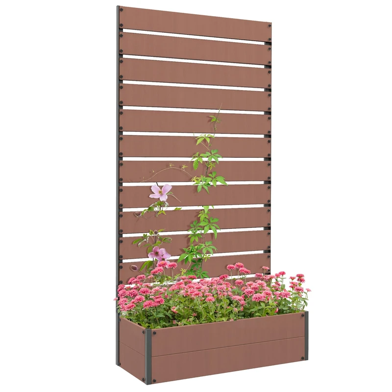 Outsunny Garden Planter with Trellis for Climbing Plants, Vines, Flowers, Freestanding Raised Bed for Garden, Outdoor, Patio, Planter Box with Drainage Gap, Light Brown