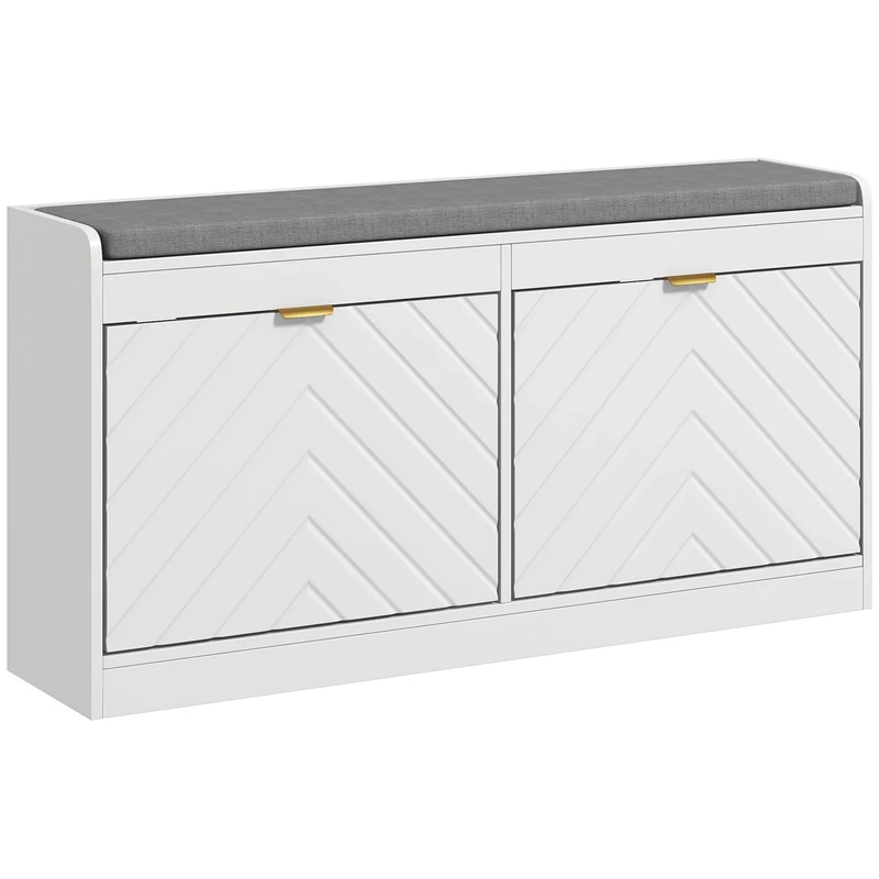 HOMCOM Shoe Storage Bench, Narrow Shoe Bench with 2 Flip Drawers, Seating Cushion and 2 Vents for 8 Pairs of Shoes for Entryway, Hallway, White